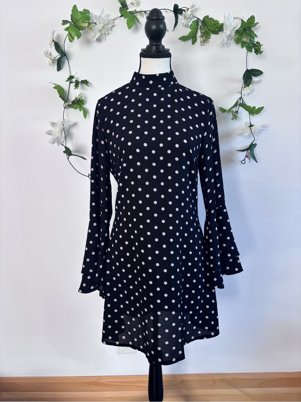 Elegant Black and White Polka Dot Mock Neck Dress Bell Sleeves